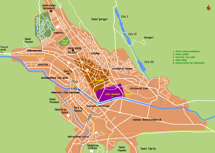 Harta municipiului Iaşi: Apăsaţi pe zona Centru sau pe zona Universităţii Tehnice pentru a vedea hărţile respectivelor zone